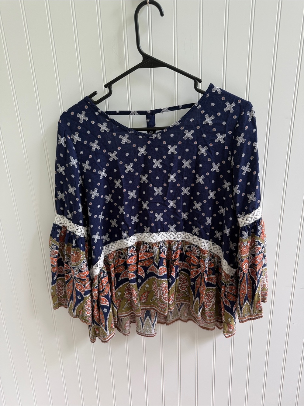 (063) Umgee Navy Floral-Trim Boho Tunic with Paisley Hem